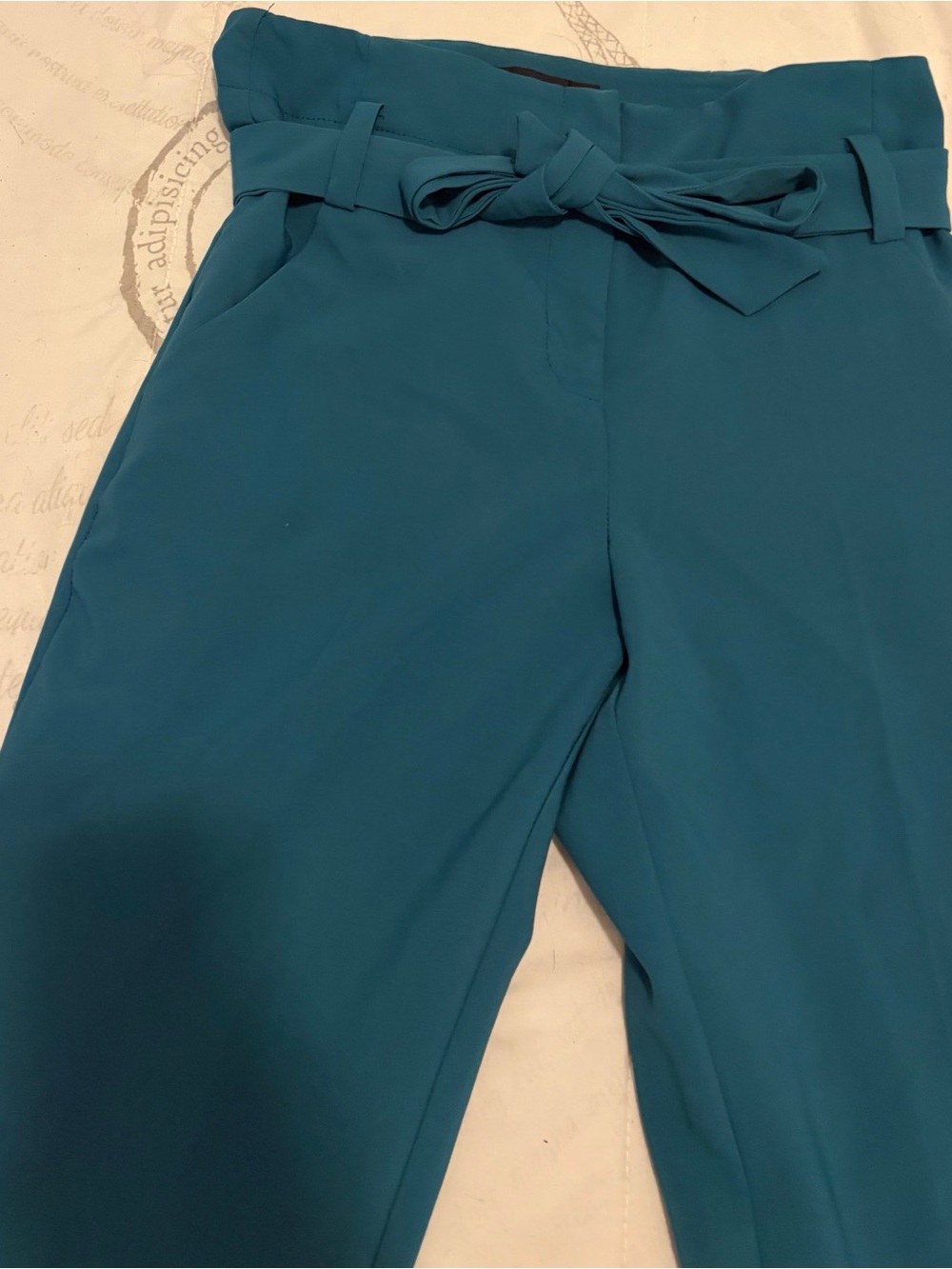 Teal Blue High-Waisted Paperbag Waist Dress Pants with Tie Belt